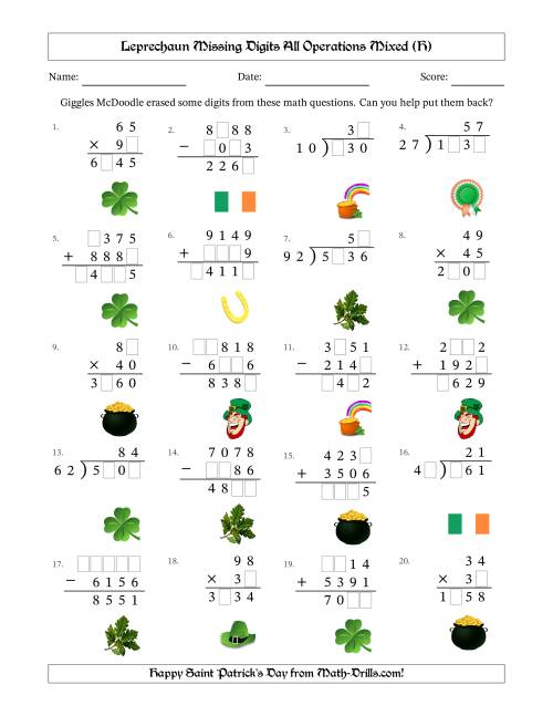 The Leprechaun Missing Digits All Operations Mixed (Harder Version) (H) Math Worksheet