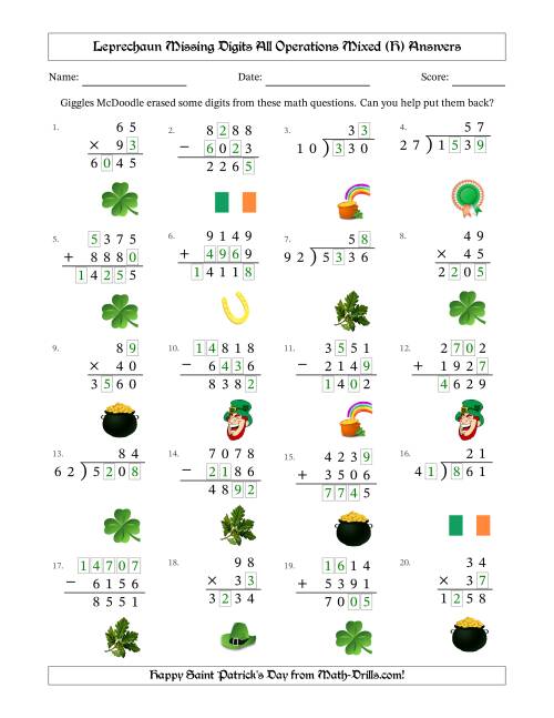 The Leprechaun Missing Digits All Operations Mixed (Harder Version) (H) Math Worksheet Page 2