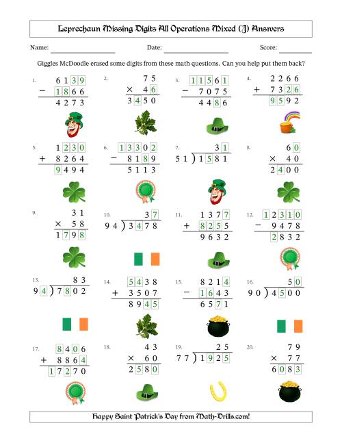 The Leprechaun Missing Digits All Operations Mixed (Harder Version) (J) Math Worksheet Page 2