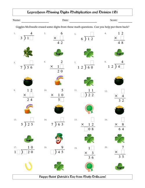 The Leprechaun Missing Digits Multiplication and Division (Easier Version) (B) Math Worksheet