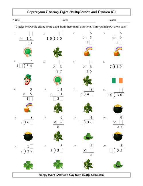 The Leprechaun Missing Digits Multiplication and Division (Easier Version) (C) Math Worksheet