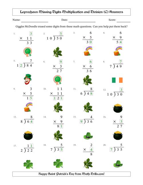 The Leprechaun Missing Digits Multiplication and Division (Easier Version) (C) Math Worksheet Page 2