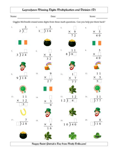 The Leprechaun Missing Digits Multiplication and Division (Easier Version) (D) Math Worksheet