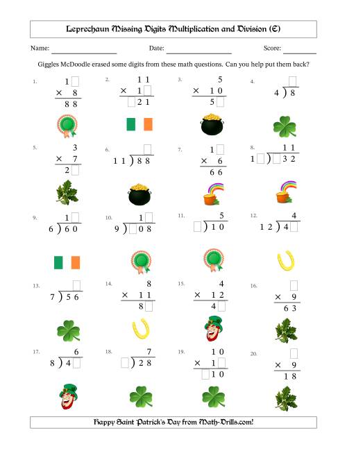 The Leprechaun Missing Digits Multiplication and Division (Easier Version) (E) Math Worksheet