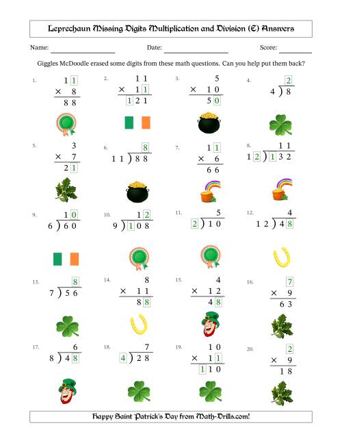 The Leprechaun Missing Digits Multiplication and Division (Easier Version) (E) Math Worksheet Page 2
