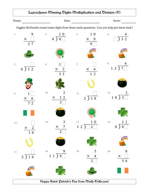 The Leprechaun Missing Digits Multiplication and Division (Easier Version) (F) Math Worksheet