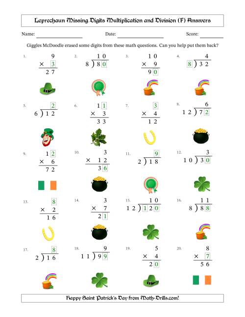 The Leprechaun Missing Digits Multiplication and Division (Easier Version) (F) Math Worksheet Page 2