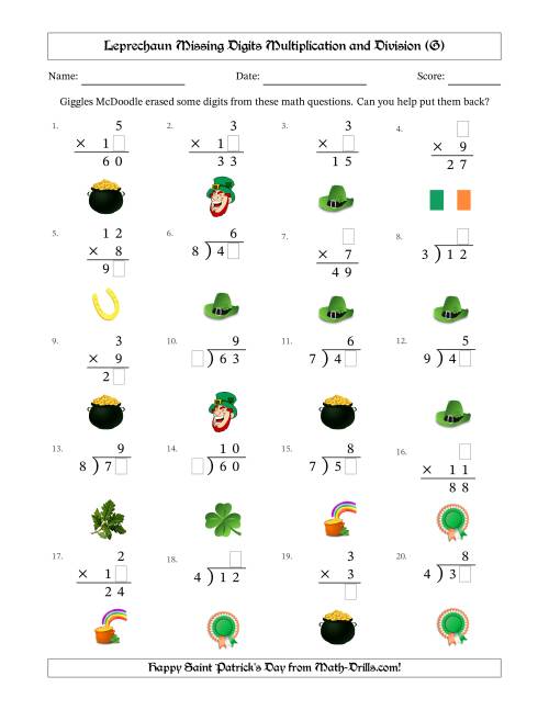 The Leprechaun Missing Digits Multiplication and Division (Easier Version) (G) Math Worksheet