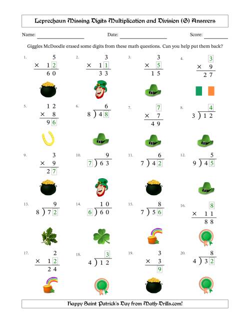 The Leprechaun Missing Digits Multiplication and Division (Easier Version) (G) Math Worksheet Page 2