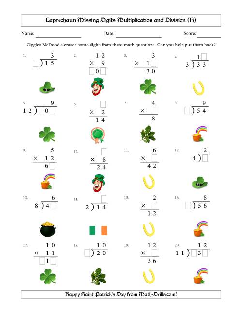 The Leprechaun Missing Digits Multiplication and Division (Easier Version) (H) Math Worksheet