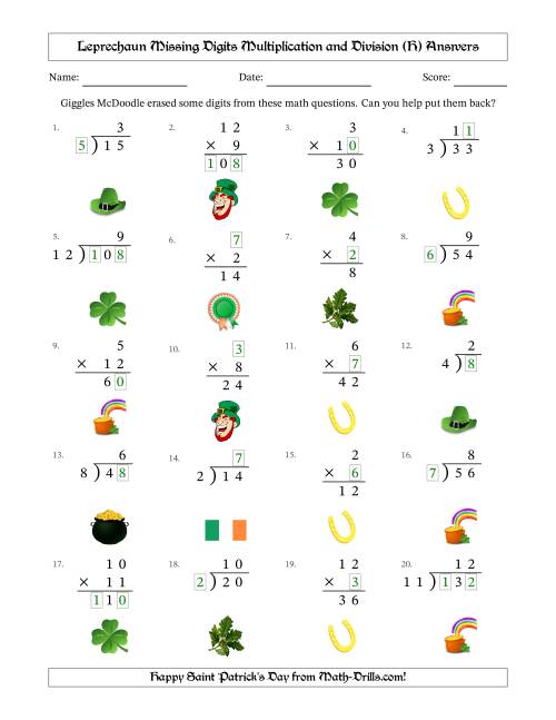 The Leprechaun Missing Digits Multiplication and Division (Easier Version) (H) Math Worksheet Page 2