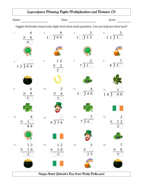 The Leprechaun Missing Digits Multiplication and Division (Easier Version) (I) Math Worksheet
