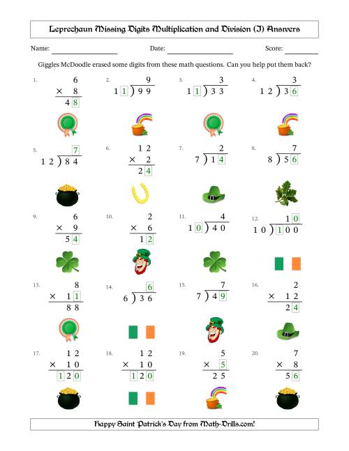The Leprechaun Missing Digits Multiplication and Division (Easier Version) (I) Math Worksheet Page 2