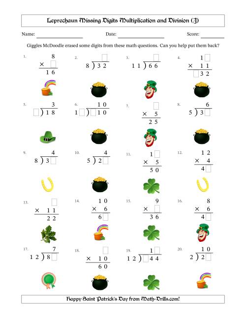 The Leprechaun Missing Digits Multiplication and Division (Easier Version) (J) Math Worksheet