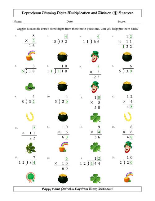 The Leprechaun Missing Digits Multiplication and Division (Easier Version) (J) Math Worksheet Page 2