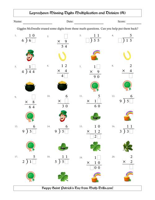 The Leprechaun Missing Digits Multiplication and Division (Easier Version) (All) Math Worksheet