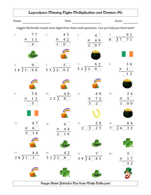 The Leprechaun Missing Digits Multiplication and Division (Harder Version) (A) Math Worksheet