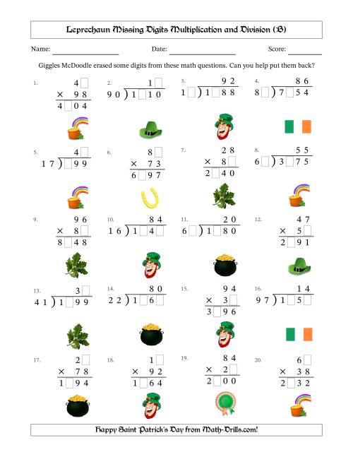 The Leprechaun Missing Digits Multiplication and Division (Harder Version) (B) Math Worksheet