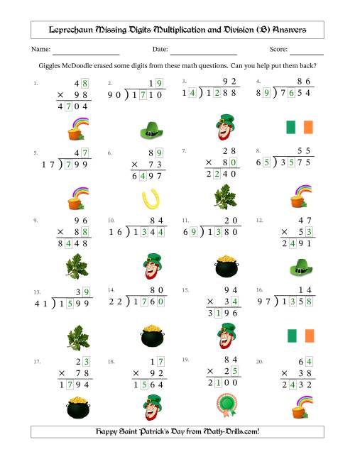 The Leprechaun Missing Digits Multiplication and Division (Harder Version) (B) Math Worksheet Page 2