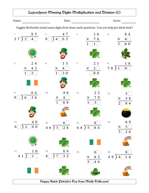 The Leprechaun Missing Digits Multiplication and Division (Harder Version) (C) Math Worksheet