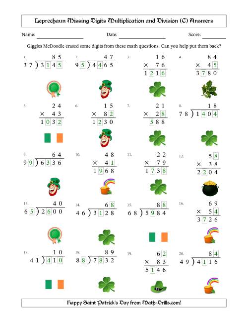 The Leprechaun Missing Digits Multiplication and Division (Harder Version) (C) Math Worksheet Page 2