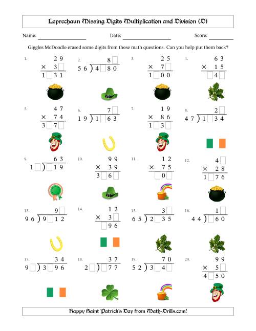 The Leprechaun Missing Digits Multiplication and Division (Harder Version) (D) Math Worksheet