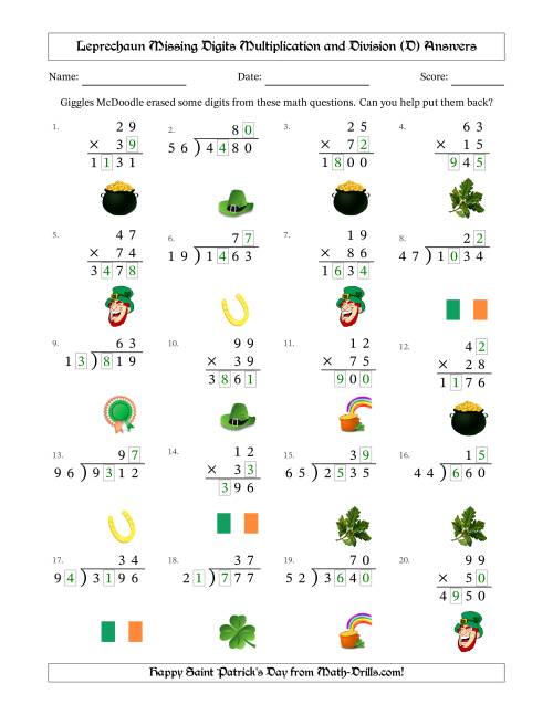 The Leprechaun Missing Digits Multiplication and Division (Harder Version) (D) Math Worksheet Page 2