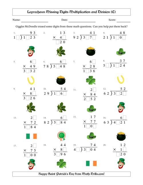 The Leprechaun Missing Digits Multiplication and Division (Harder Version) (E) Math Worksheet