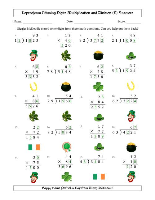 The Leprechaun Missing Digits Multiplication and Division (Harder Version) (E) Math Worksheet Page 2