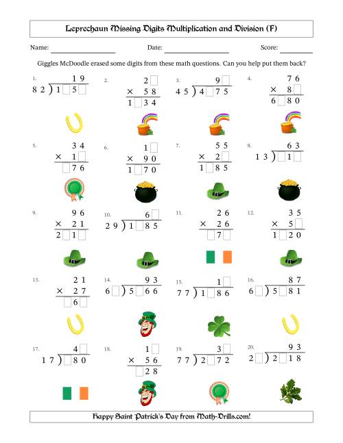 The Leprechaun Missing Digits Multiplication and Division (Harder Version) (F) Math Worksheet