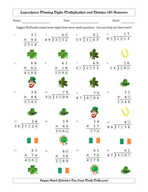 The Leprechaun Missing Digits Multiplication and Division (Harder Version) (G) Math Worksheet Page 2