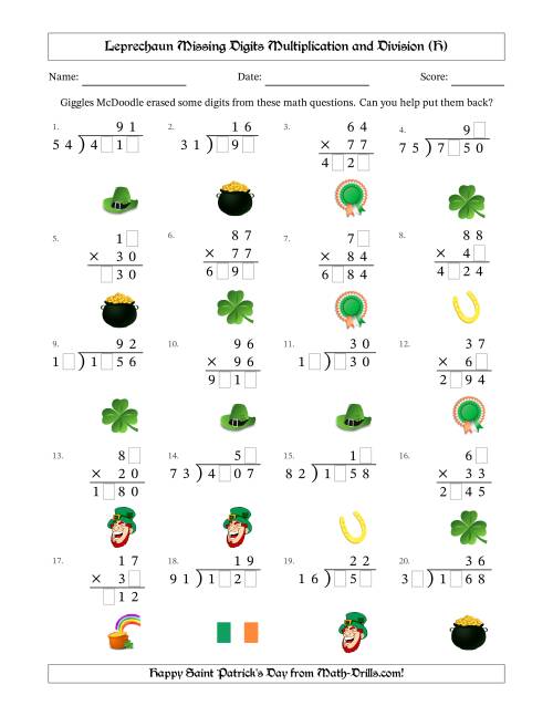 The Leprechaun Missing Digits Multiplication and Division (Harder Version) (H) Math Worksheet