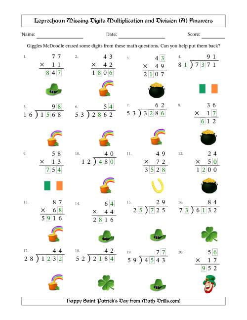 The Leprechaun Missing Digits Multiplication and Division (Harder Version) (All) Math Worksheet Page 2
