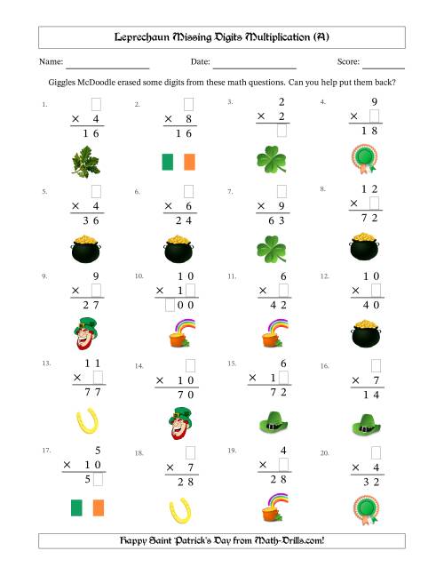 The Leprechaun Missing Digits Multiplication (Easier Version) (A) Math Worksheet