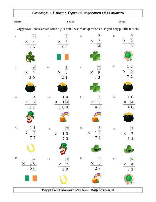 The Leprechaun Missing Digits Multiplication (Easier Version) (A) Math Worksheet Page 2