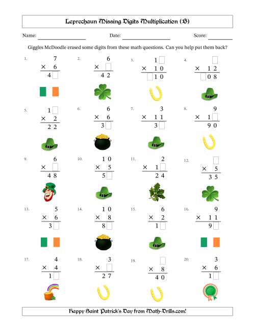 The Leprechaun Missing Digits Multiplication (Easier Version) (B) Math Worksheet