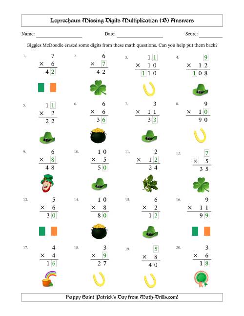 The Leprechaun Missing Digits Multiplication (Easier Version) (B) Math Worksheet Page 2