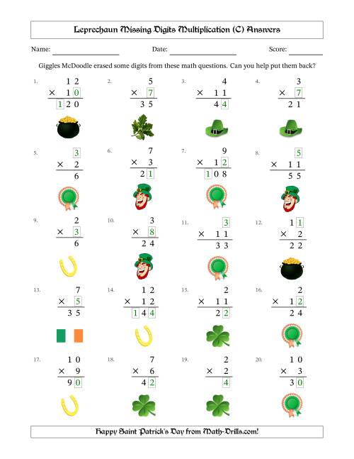 The Leprechaun Missing Digits Multiplication (Easier Version) (C) Math Worksheet Page 2