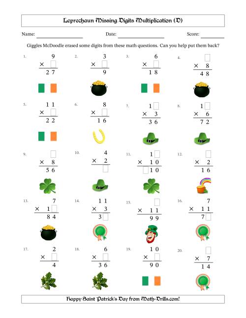 The Leprechaun Missing Digits Multiplication (Easier Version) (D) Math Worksheet