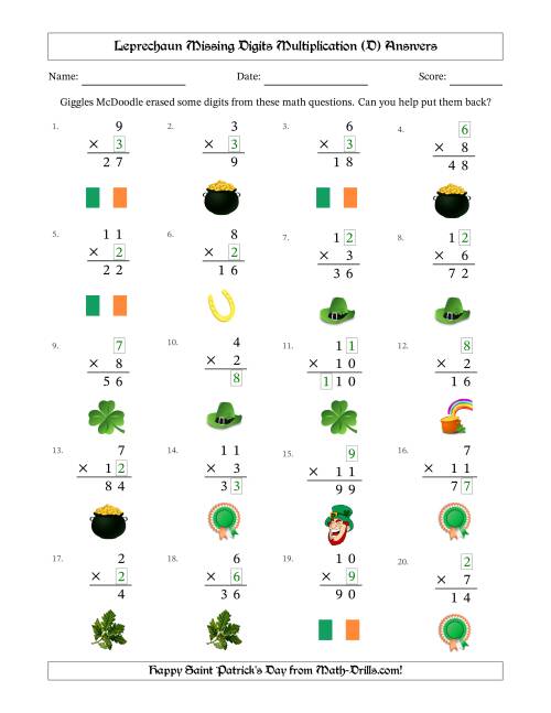 The Leprechaun Missing Digits Multiplication (Easier Version) (D) Math Worksheet Page 2