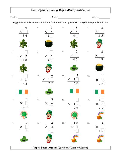 The Leprechaun Missing Digits Multiplication (Easier Version) (E) Math Worksheet