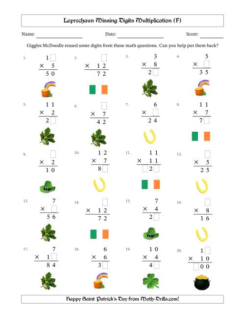 The Leprechaun Missing Digits Multiplication (Easier Version) (F) Math Worksheet