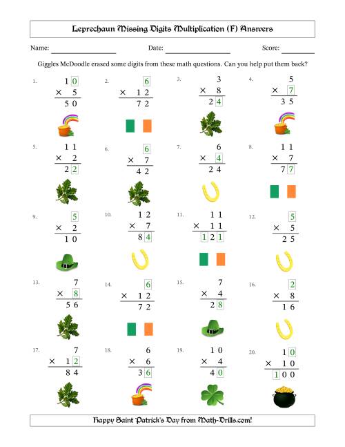 The Leprechaun Missing Digits Multiplication (Easier Version) (F) Math Worksheet Page 2