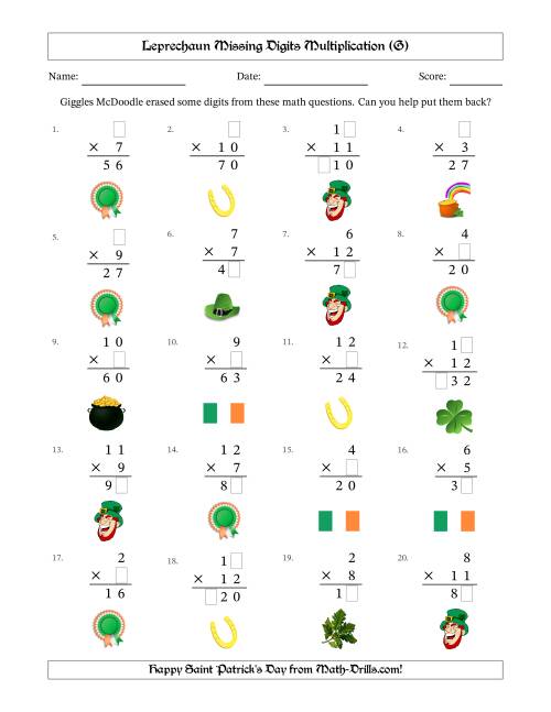 The Leprechaun Missing Digits Multiplication (Easier Version) (G) Math Worksheet