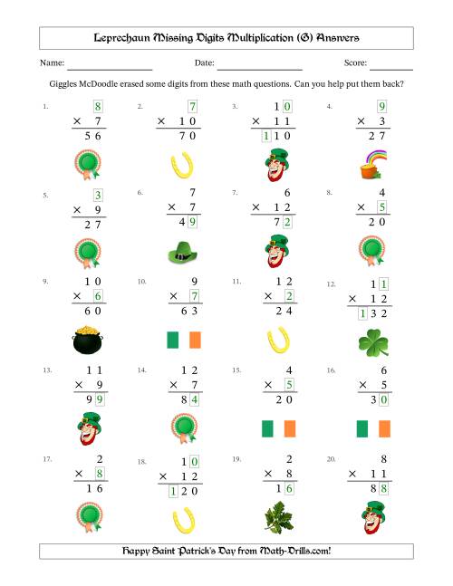 The Leprechaun Missing Digits Multiplication (Easier Version) (G) Math Worksheet Page 2
