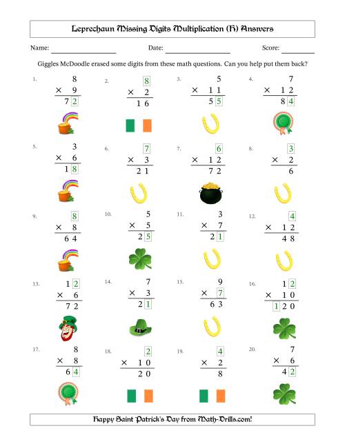 The Leprechaun Missing Digits Multiplication (Easier Version) (H) Math Worksheet Page 2