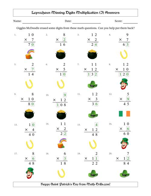 The Leprechaun Missing Digits Multiplication (Easier Version) (I) Math Worksheet Page 2