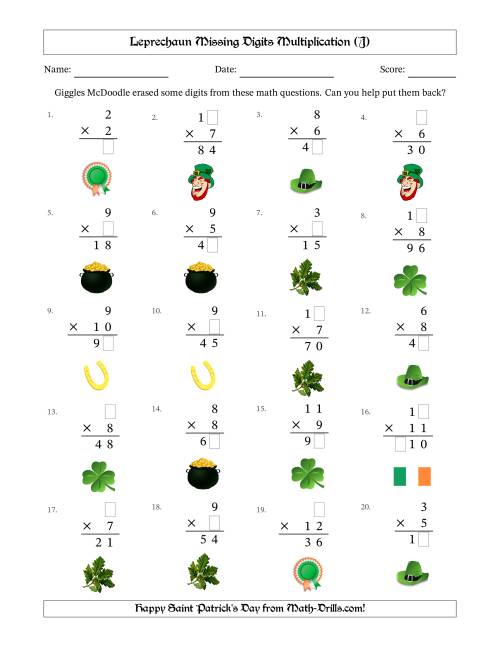 The Leprechaun Missing Digits Multiplication (Easier Version) (J) Math Worksheet