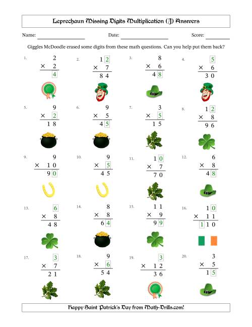 The Leprechaun Missing Digits Multiplication (Easier Version) (J) Math Worksheet Page 2