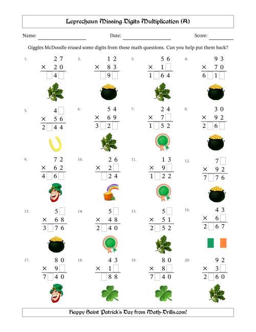 The Leprechaun Missing Digits Multiplication (Harder Version) (A) Math Worksheet